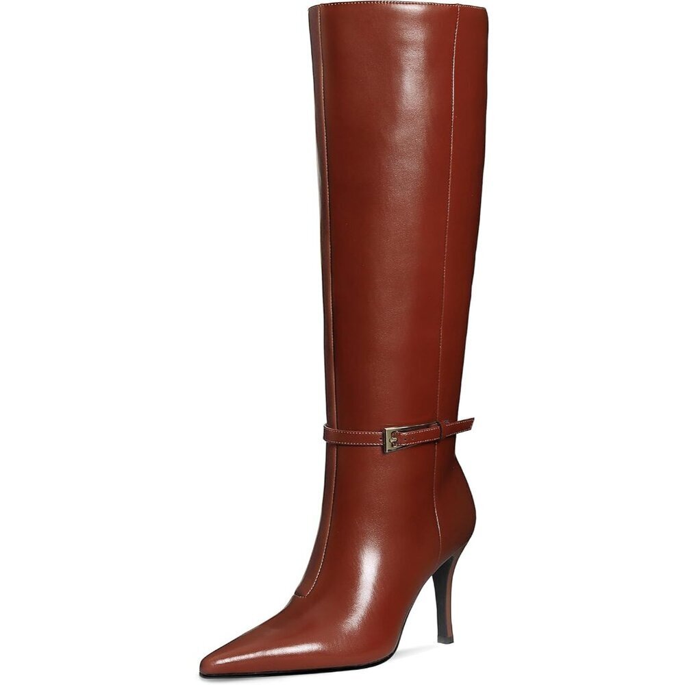 Women's Brown Stiletto High Heel Side Zipper Pointed Toe Metal Buckle Boots